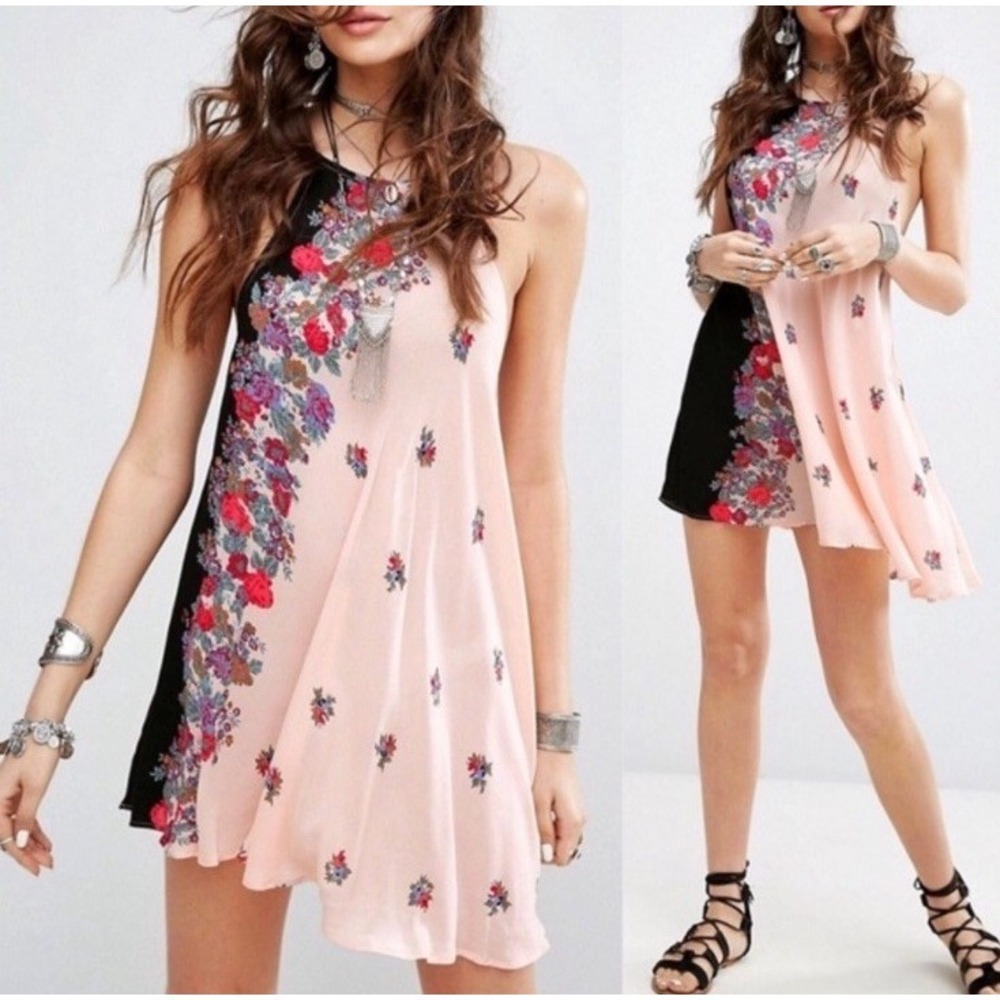 Free People It's a Cinch Boho Cottagecore Black Pink Floral Slip Dress Large